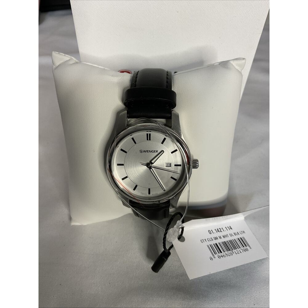 WENGER SWISS MADE NEW SILVER FACE BLACK STRAP WRISTWATCH 01.1421.114